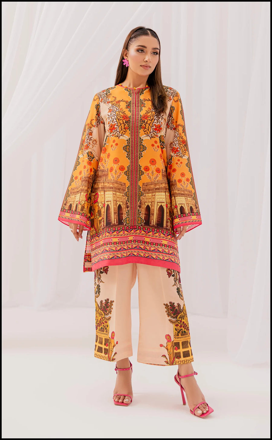 VIBRANT ORANGE FLORAL & ARCHITECTURAL PRINT LAWN SUIT