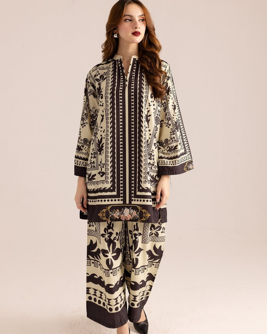 ELEGANT BEIGE & BLACK PRINTED TWO-PIECE LAWN SUIT WITH FLORAL ACCENTS