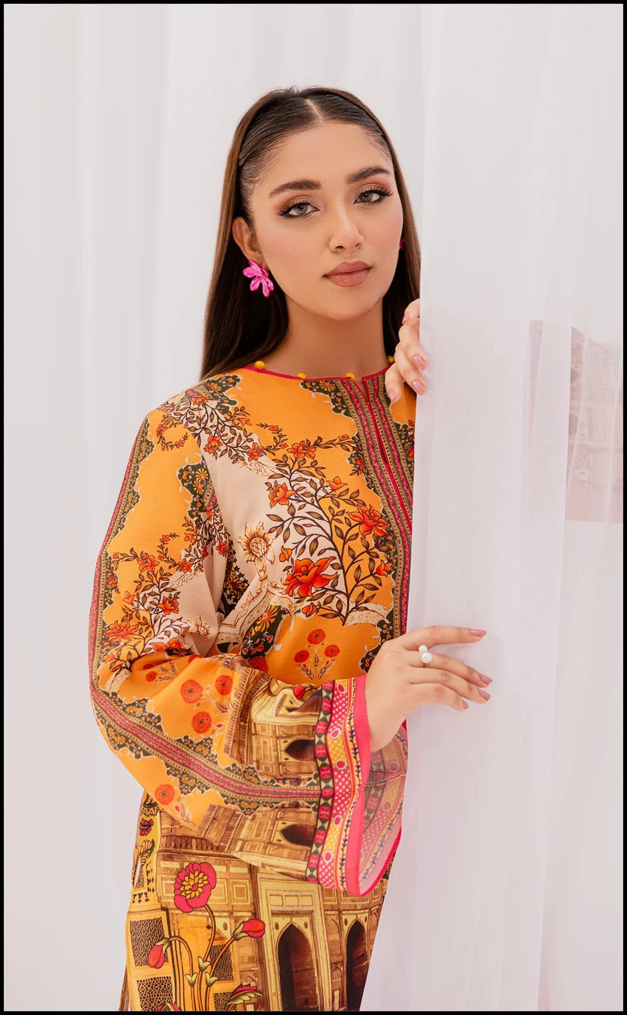 VIBRANT ORANGE FLORAL & ARCHITECTURAL PRINT LAWN SUIT