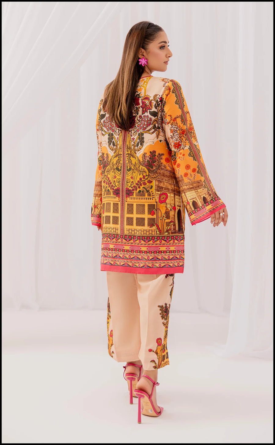 VIBRANT ORANGE FLORAL & ARCHITECTURAL PRINT LAWN SUIT
