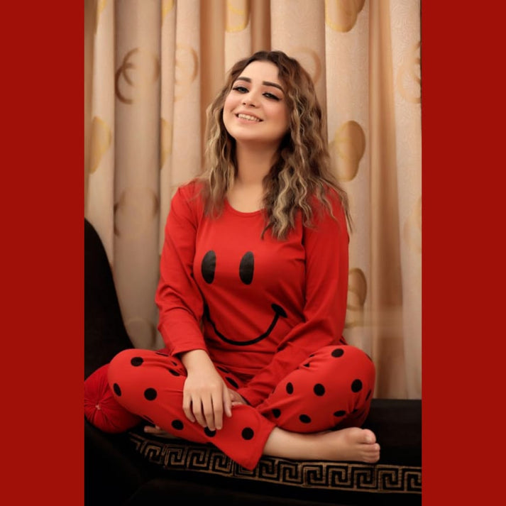 11:11 SALE Red Smile with Dotted Style Pajama Full Sleeves Night Suit for her