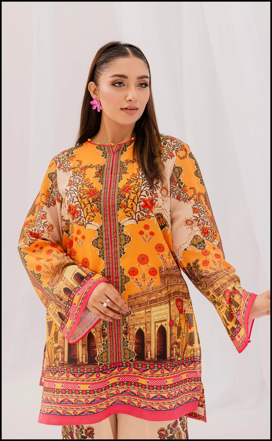 VIBRANT ORANGE FLORAL & ARCHITECTURAL PRINT LAWN SUIT