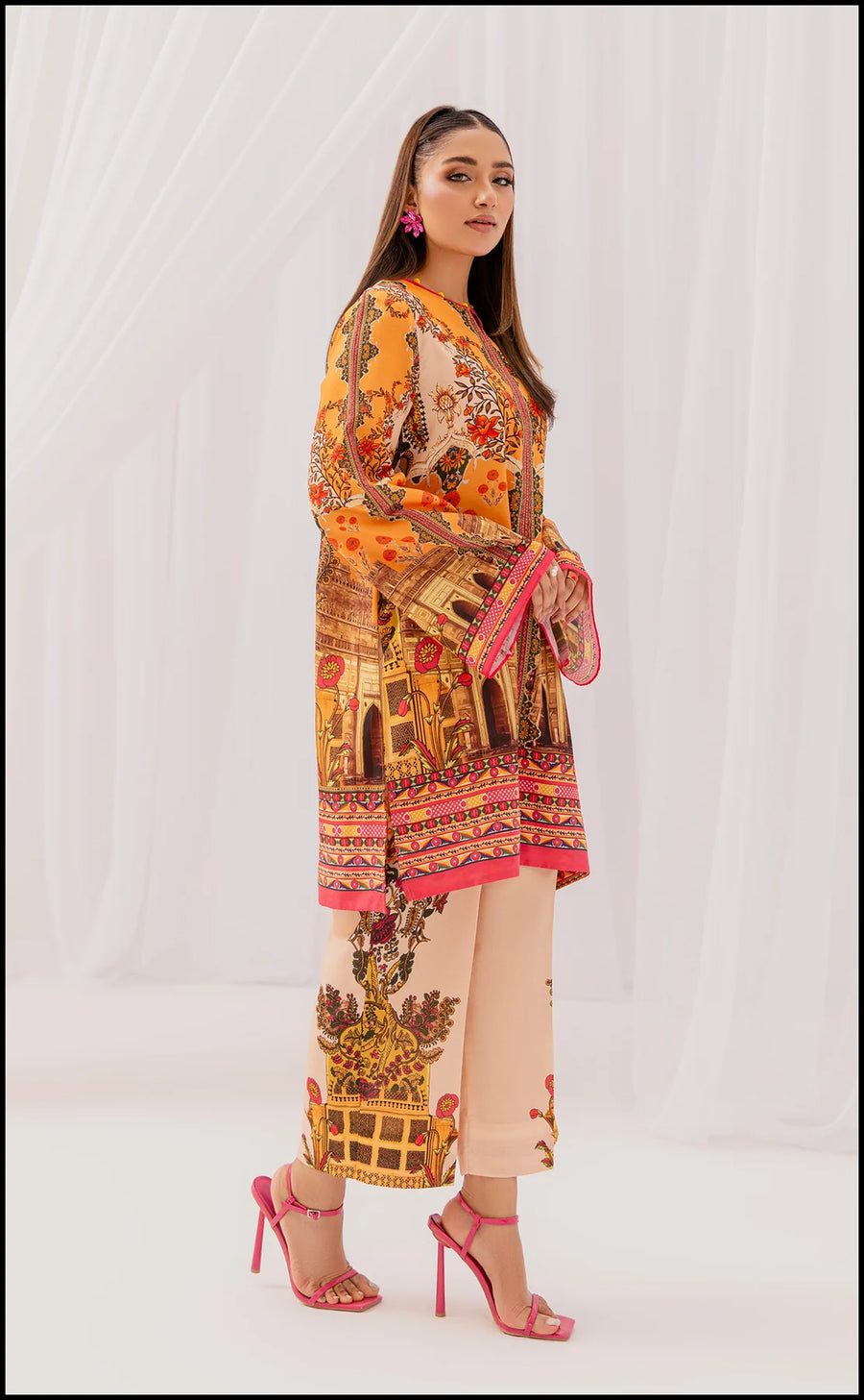 VIBRANT ORANGE FLORAL & ARCHITECTURAL PRINT LAWN SUIT