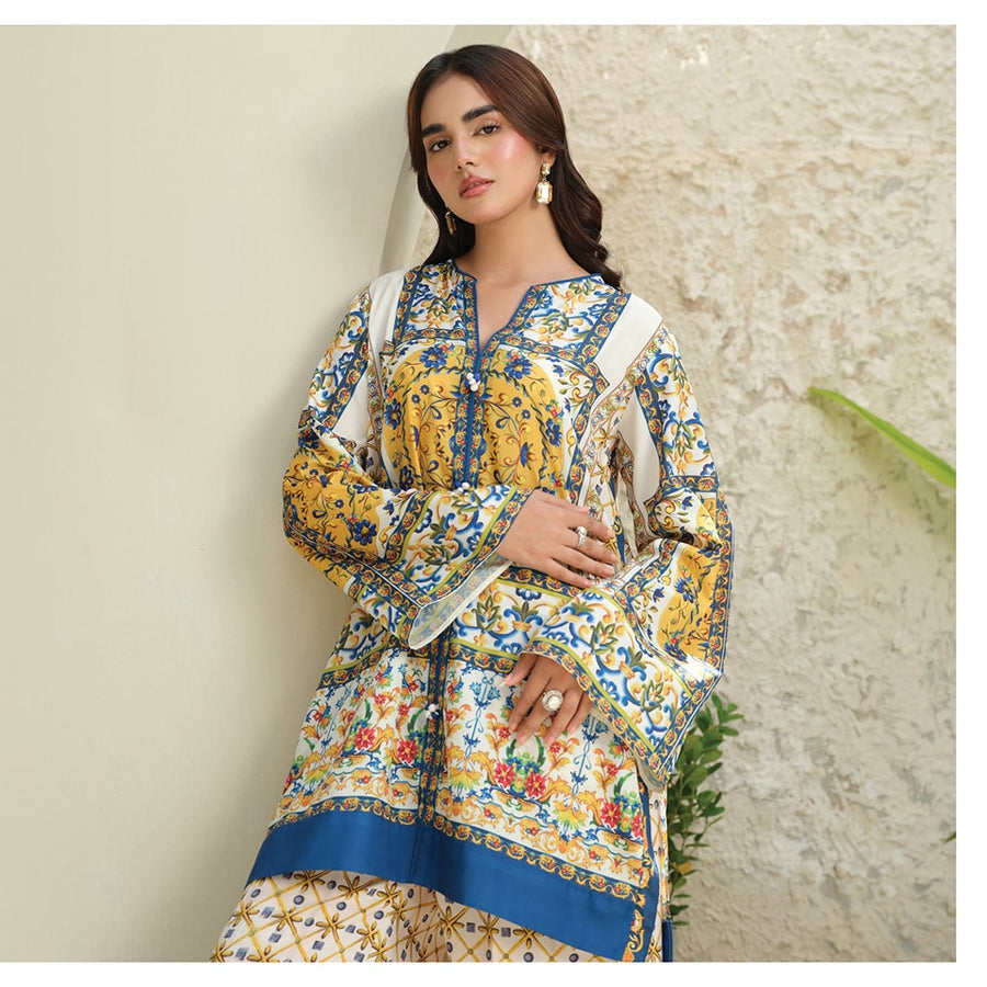 ELEGANT BLUE & YELLOW DIGITAL PRINTED 2-PIECE LAWN SUIT – TRADITIONAL PAKISTANI STYLE