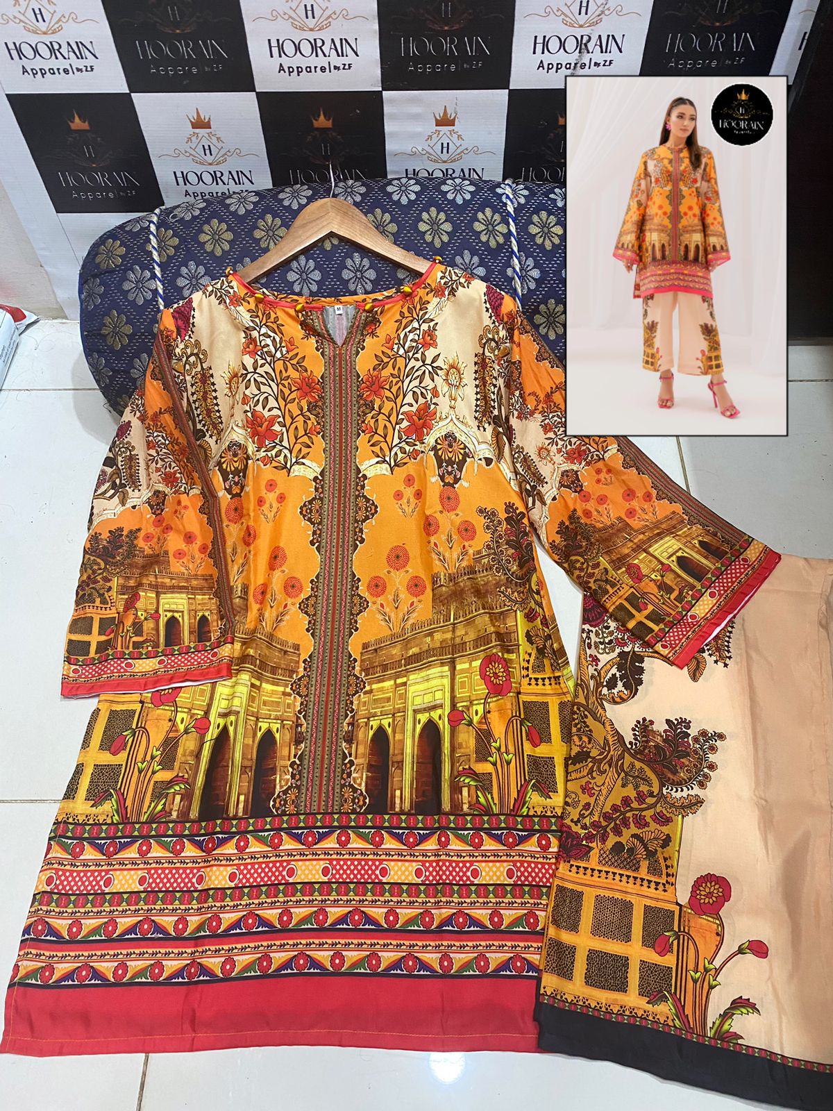 VIBRANT ORANGE FLORAL & ARCHITECTURAL PRINT LAWN SUIT